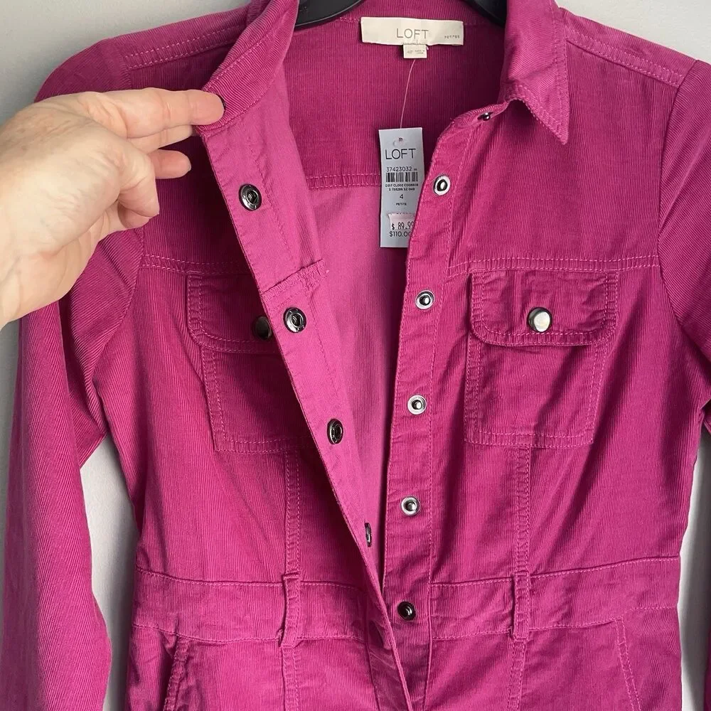 NEW LOFT Most Popular Pink Corduroy Midi Dress Petites 4P Shirtdress Pocket Snap